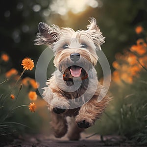 Happy smiling dog, running on through a field of grasses and wildflowers on a sunny Spring day