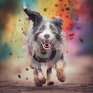 Happy smiling dog, running on through a field of grasses and wildflowers on a sunny Spring day