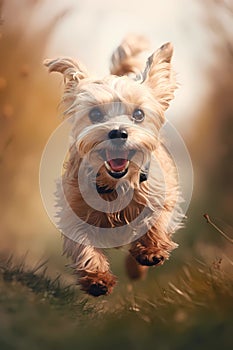 Happy smiling dog, running on through a field of grasses and wildflowers on a sunny Spring day