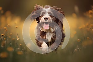 Happy smiling dog, running on through a field of grasses and wildflowers on a sunny Spring day