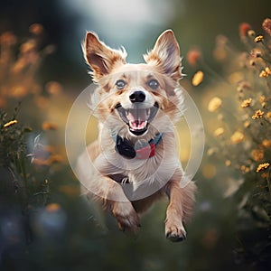Happy smiling dog, running on through a field of grasses and wildflowers on a sunny Spring day