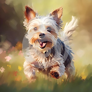 Happy smiling dog, running on through a field of grasses and wildflowers on a sunny Spring day