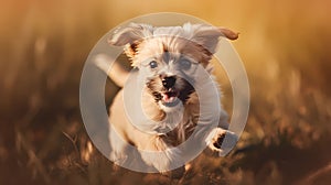 Happy smiling dog, running on through a field of grasses and wildflowers on a sunny Spring day