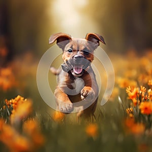 Happy smiling dog, running on through a field of grasses and wildflowers on a sunny Spring day