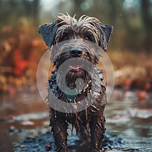 Happy smiling dog, very wet and muddy, running towards the camera, autumn, fall