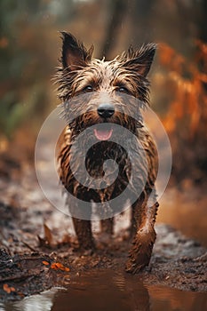 Happy smiling dog, very wet and muddy, running towards the camera, autumn, fall