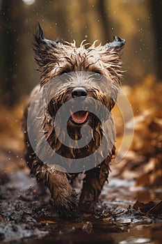 Happy smiling dog, very wet and muddy, running towards the camera, autumn, fall