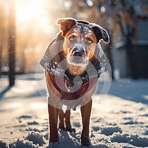 Happy smiling dog, walking in the snow, wearing a dog coat, on a crisp sunny winter day