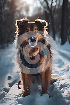 Happy smiling dog, walking in the snow, wearing a dog coat, on a crisp sunny winter day