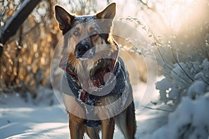 Happy smiling dog, walking in the snow, wearing a dog coat, on a crisp sunny winter day