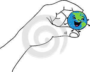 Happy smiling earth globe hold by a big hand for Happy Earth Day - hand drawn  illustration
