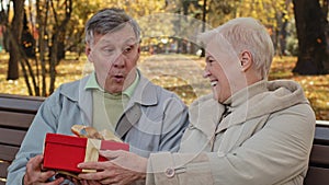 Happy smiling elderly couple sitting on bench in autumn park mature old grandma give gift husband make surprise excited
