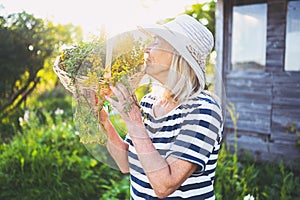 Happy smiling elderly senior woman in straw hat having fun posing in summer garden with flowers in basket. Farming, gardening,