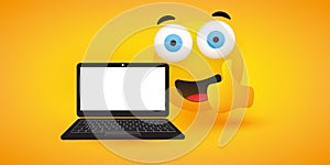 Happy Smiling Emoji, Emoticon with Pop Out Eyes and Laptop Computer Showing Thumbs Up  on Yellow Background