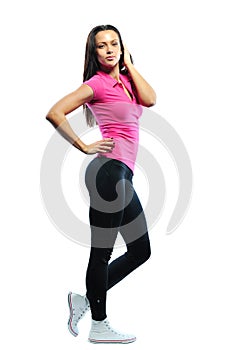 Happy smiling and energetic fit female fitness model