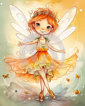 Happy smiling fairy portrait, watercolor illustration, bright sunny colors