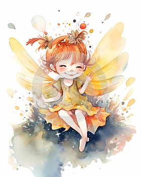 Happy smiling fairy portrait, watercolor illustration, bright sunny colors