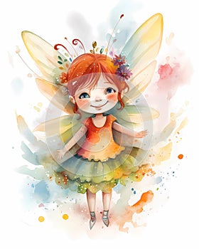 Happy smiling fairy portrait, watercolor illustration, bright sunny colors