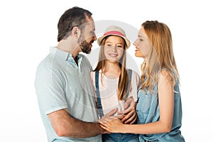 Happy smiling family hugging isolated on