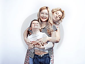 happy smiling family together posing cheerful on white background, lifestyle people concept, mother with son and teenage