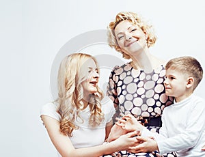Happy smiling family together posing cheerful on white background, lifestyle people concept, mother with son and teenage