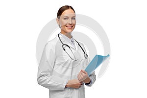 happy smiling female doctor with folder