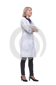 Happy smiling female doctor physician nurse standing with arms crossed