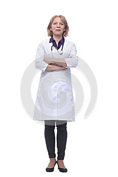 Happy smiling female doctor physician nurse standing with arms crossed