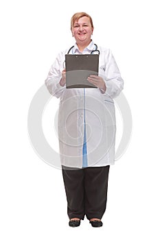 Happy smiling female doctor with stethoscope writing on clipboard