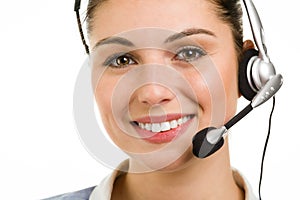 Happy smiling female support phone operator