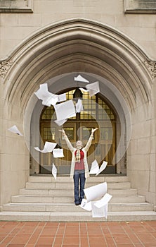 Happy, smiling, female woman college university student celebrating after finishing completing tests exams