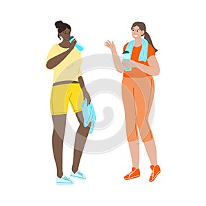Fitness girls drinking water from the bottle after sport exercises. Vector illustration in cartoon style.