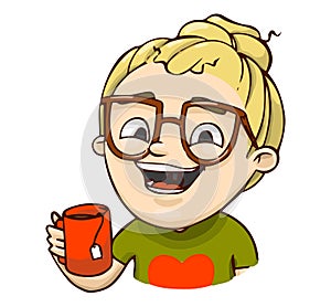 Happy smiling girl with red cup of tea. Vector true story sticker illustration