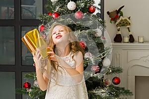 Happy Smiling Girl Standing in Front of Christmas Tree with Gift