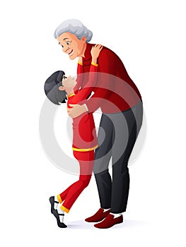 Happy smiling grandmother hugging granddaughter. Cartoon vector illustration.