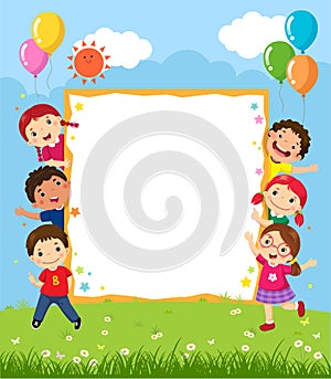 Happy smiling group of kids showing blank board