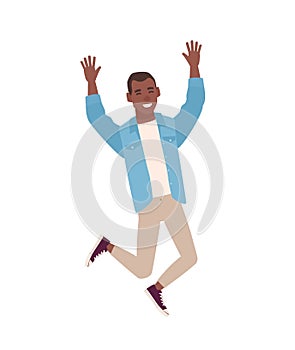 Happy smiling guy dressed in casual clothes jumping with raised hands. Young man rejoicing or celebrating. Male cartoon