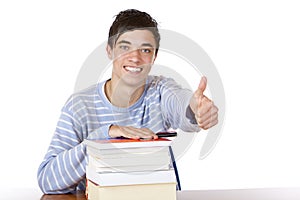 Happy smiling handsome male student show thumb up