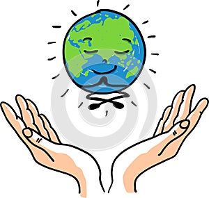 Happy smiling Happy smiling meditating and enlightened earth globe for Happy Earth Day - hand drawn vector illustration