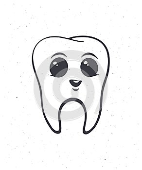 Happy smiling healthy baby human tooth with eyes. Outline. Vector illustration. Symbol of somatology and oral hygiene