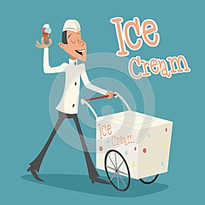 Happy Smiling Ice Cream Seller with Cart Retro photo