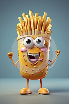 Happy smiling joyful cartoon style french fries character. AI-Generated