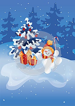 Happy smiling jumping snowman with candy cane on winter forest scene background