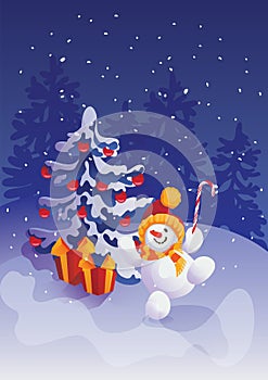 Happy smiling jumping snowman with candy cane on winter forest scene background