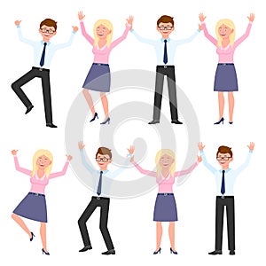 Happy, smiling, jumping young man and woman vector. Hopping, hands up, having fun glasses boy and blonde girl cartoon character