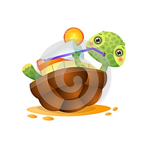 Happy smiling kawai turtle lying back on yellow sand