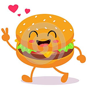 Happy smiling Kawaii cute burger. Vector flat cartoon character illustration icon design.