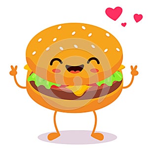 Happy smiling Kawaii cute burger. Vector flat cartoon character illustration icon design.