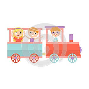 Happy smiling kids ride in amusement park colorful train