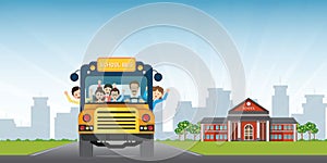 Happy smiling kids riding on a yellow school bus with a driver on school building view background